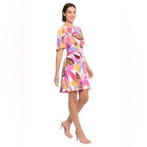 Donna Morgan V-Front Bell Sleeve Navy Blue & Pink Floral Mini Dress Size 0